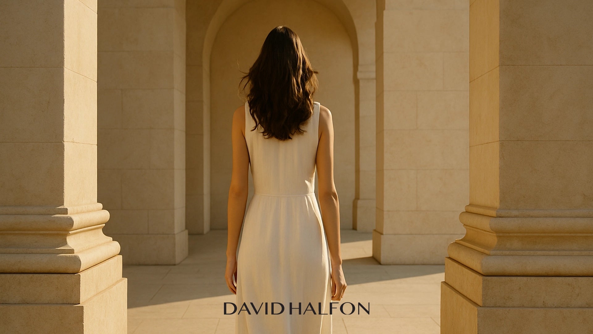 Donna di spalle che guarda l’orizzonte, simbolo di determinazione, autonomia e visione, rappresenta quelle donne che guidano il cambiamento e stanno avanti a tutte le altre. Un’immagine che incarna i valori di David Halfon: eleganza, artigianalità e coraggio femminile.