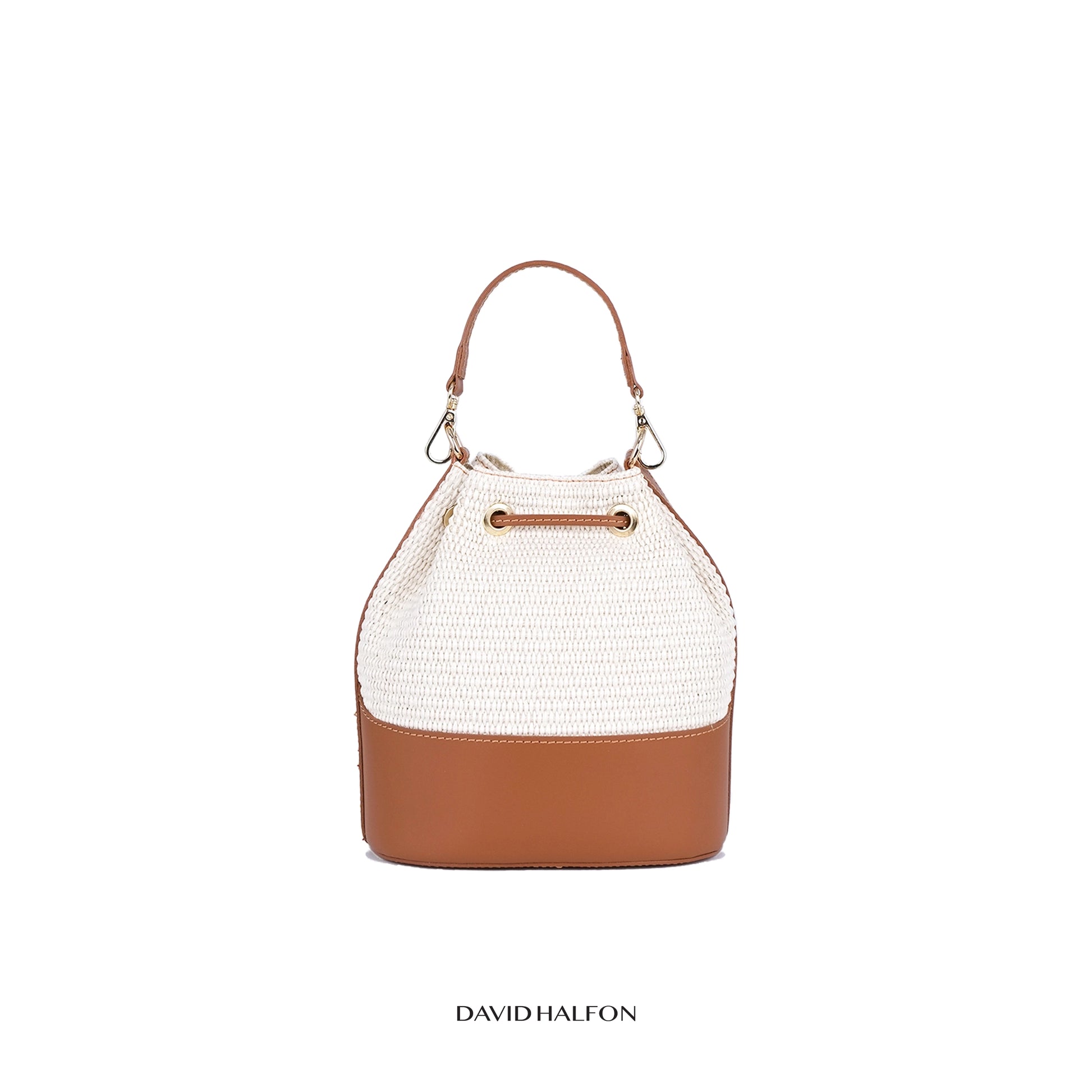 Calcutta C-Riva bucket bag in leather and handwoven ivory raffia, back view