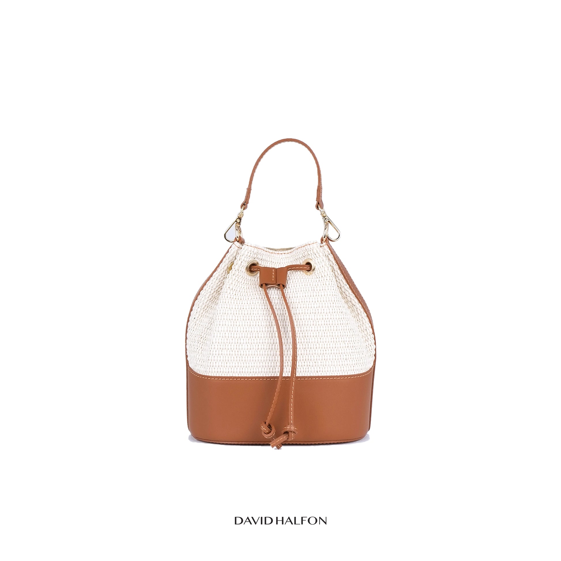Calcutta C-Riva bucket bag in leather and handwoven ivory raffia, front view