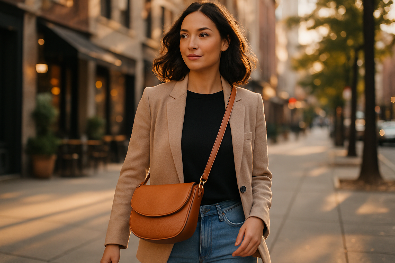 crea immagina di una borsa a tracolla donna indossata lifestyle 