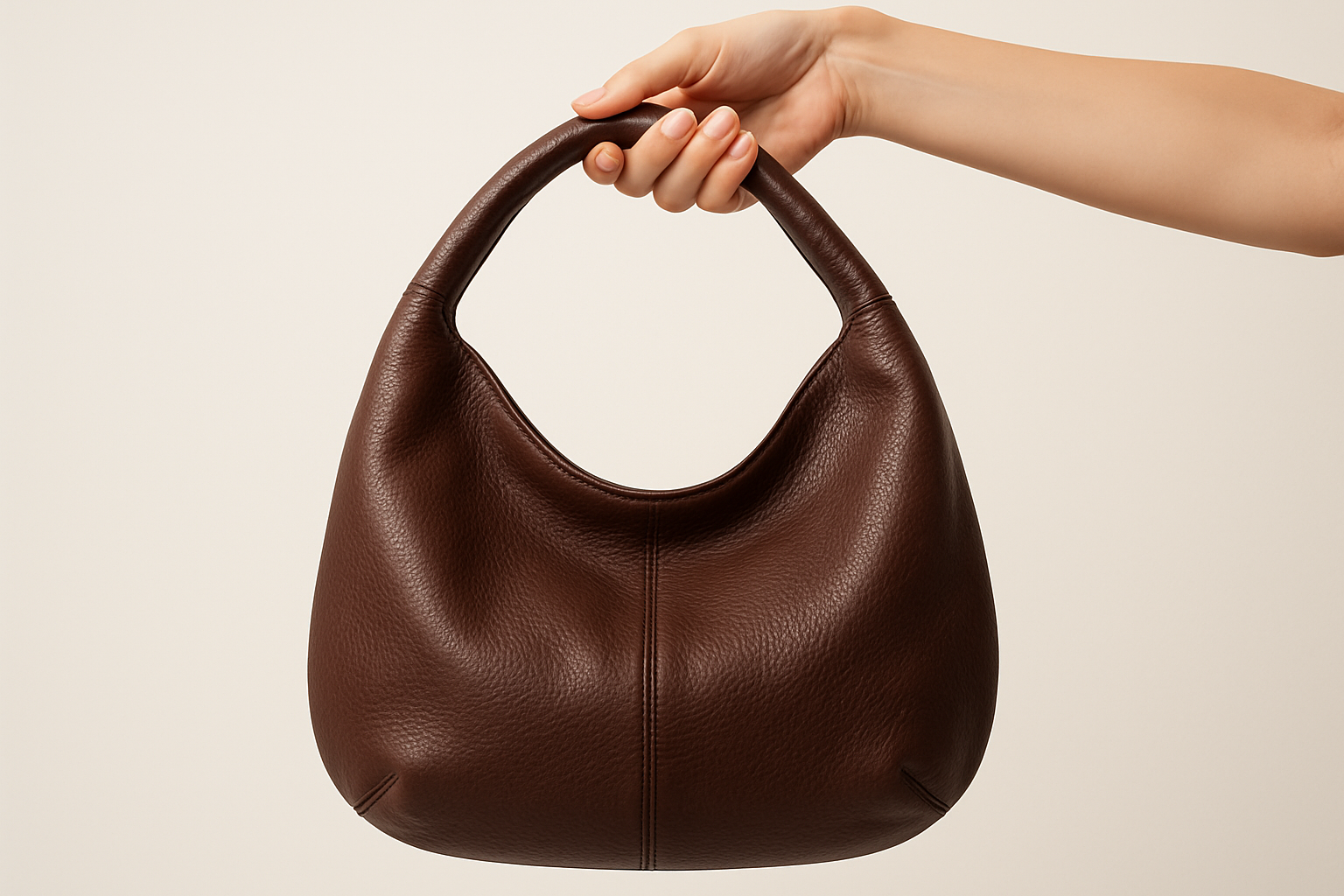 crea immagina di una hobo bag donna tenuta dal manico closeup borsa intera