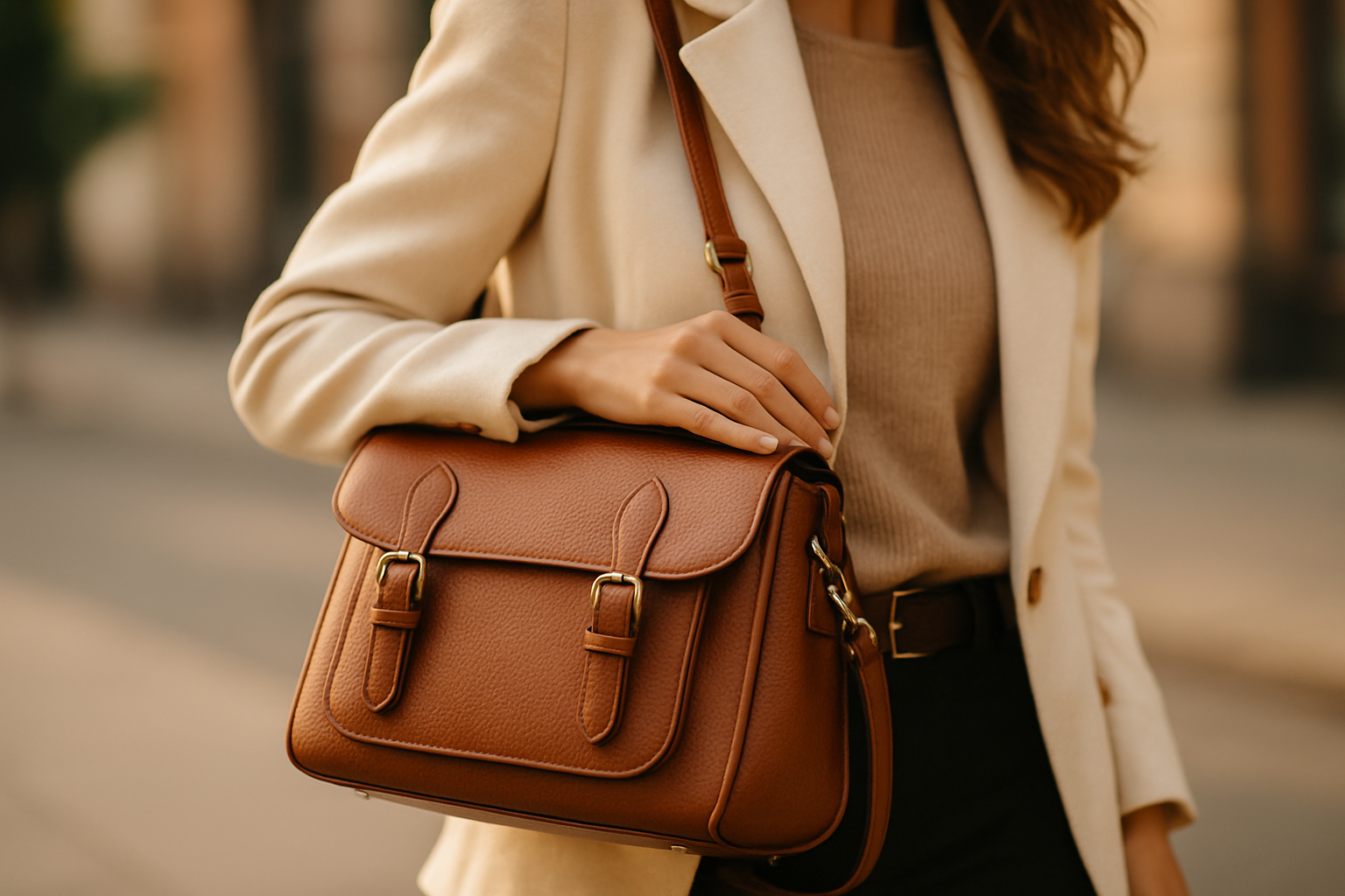 crea immagina di una satchel bag donna indossata lifestyle closeup