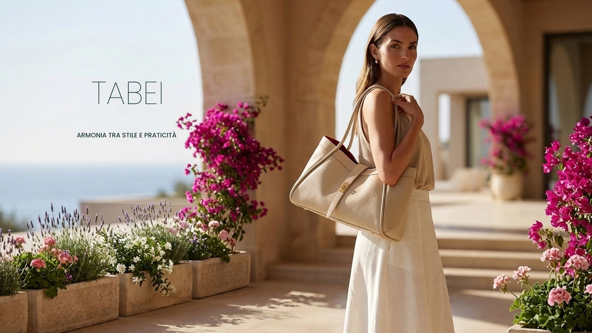 Model with David Halfon Tabei beige grained leather shoulder bag, Mediterranean campaign image.