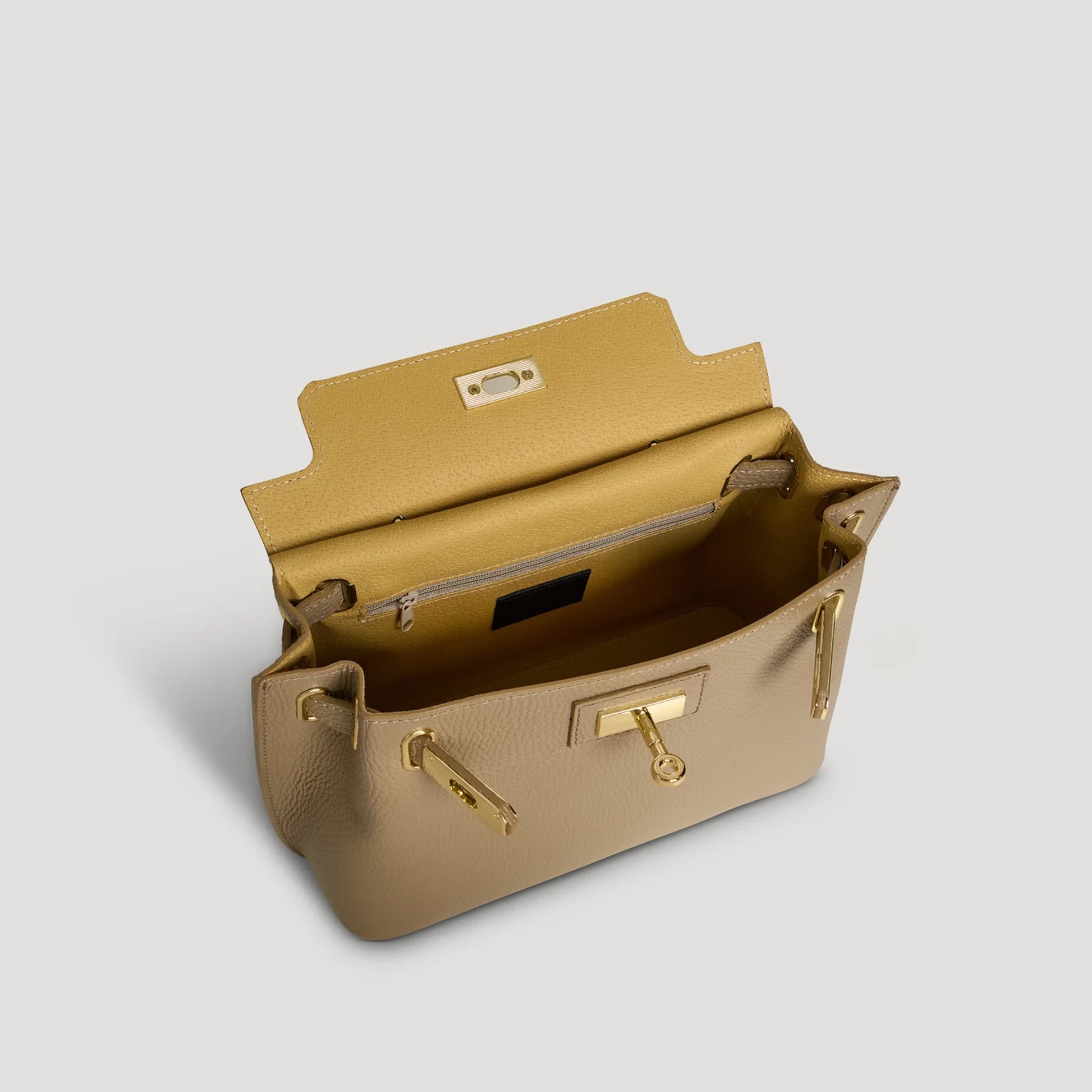 David Halfon Magnani grained leather top-handle bag taupe interior view