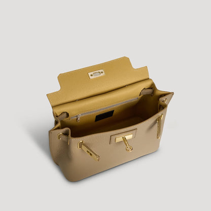 David Halfon Magnani grained leather top-handle bag taupe interior view