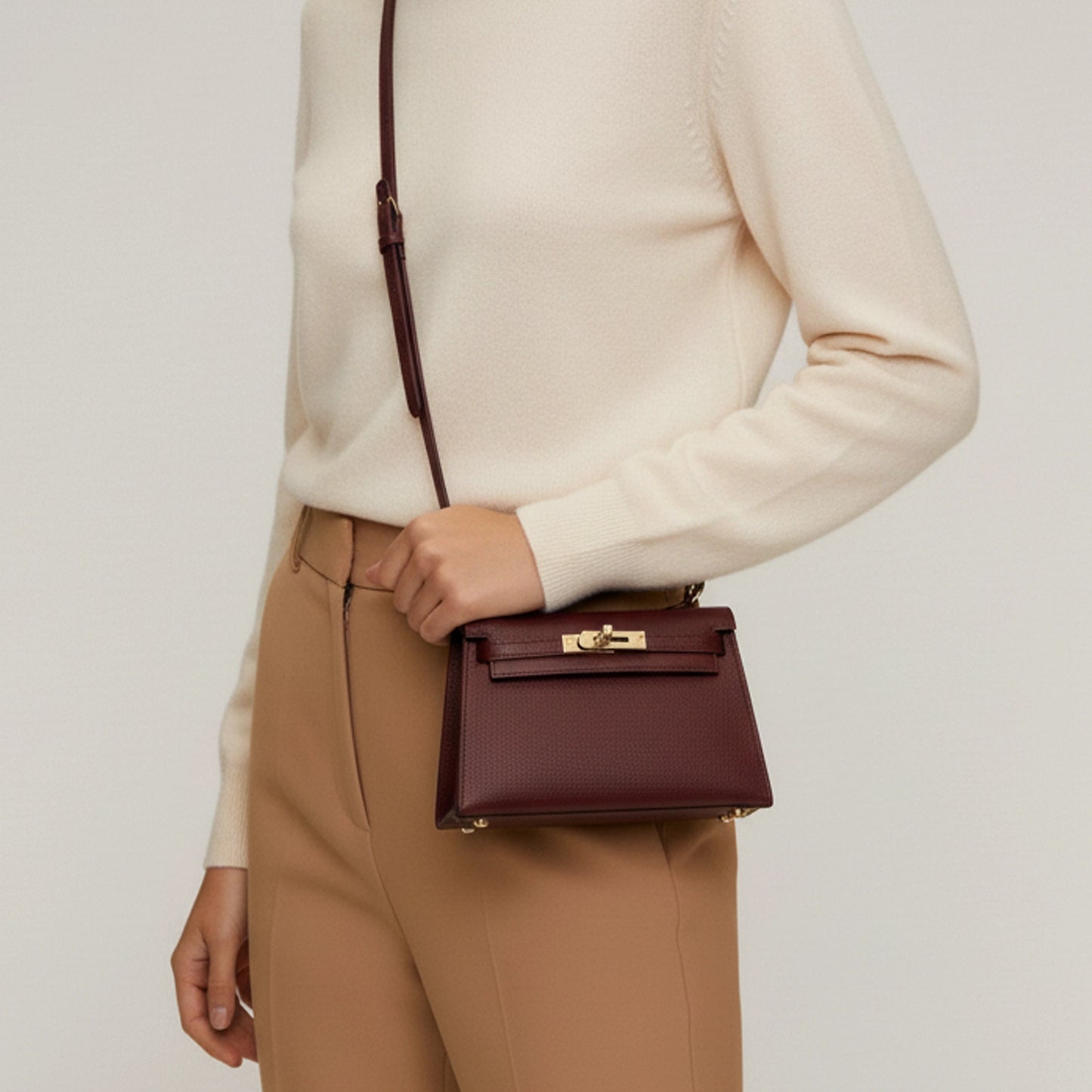 Diana S in hammered leather burgundy red — shoulder-worn view on model