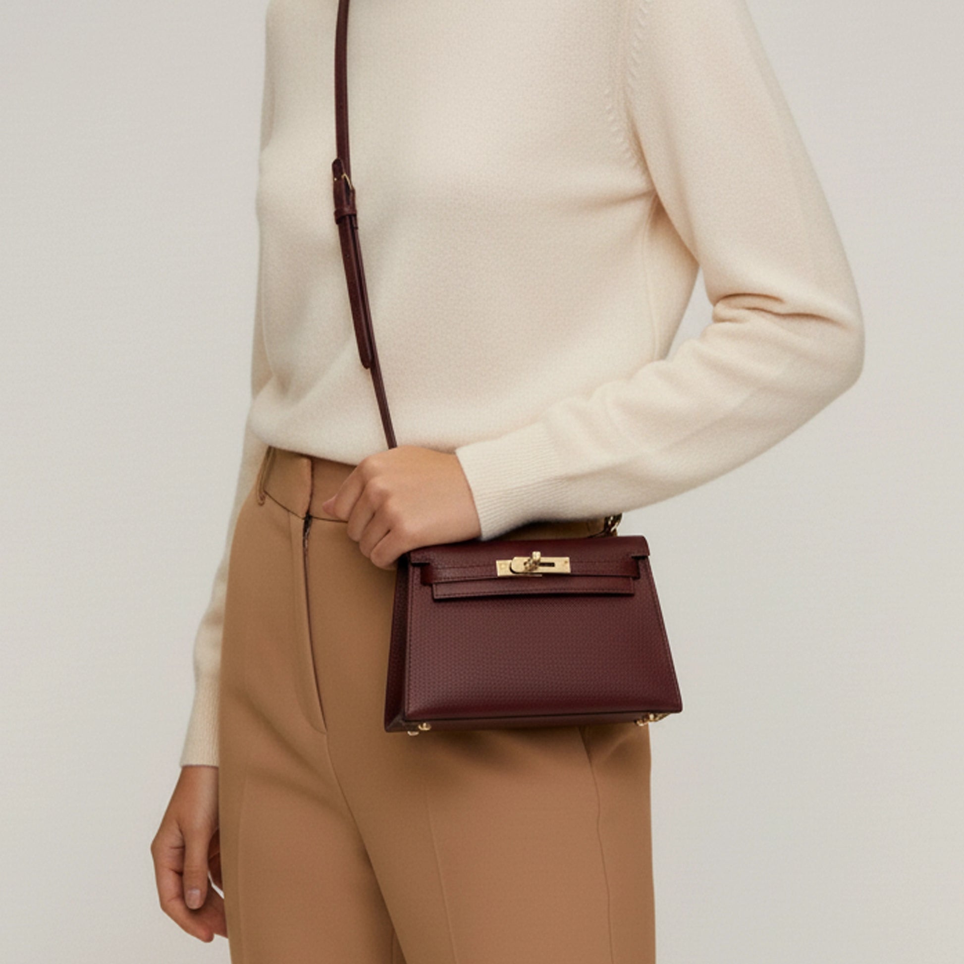 Diana S in hammered leather burgundy red — shoulder-worn view on model