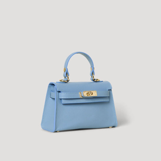 Diana S top-handle bag in hammered leather sky blue — three-quarter view