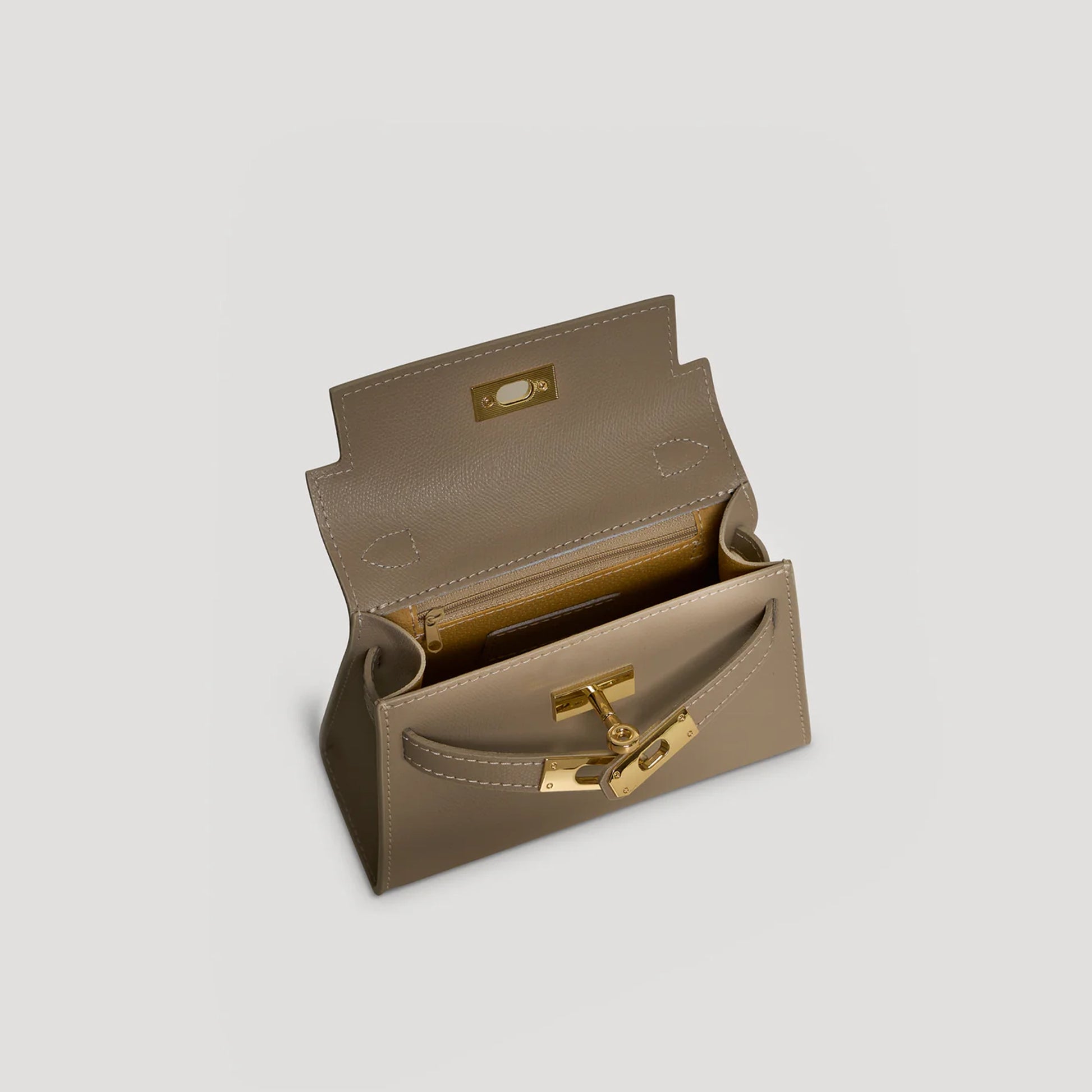 Diana S top-handle bag in hammered leather dove grey — interior view with microfiber lining and zipped pocket